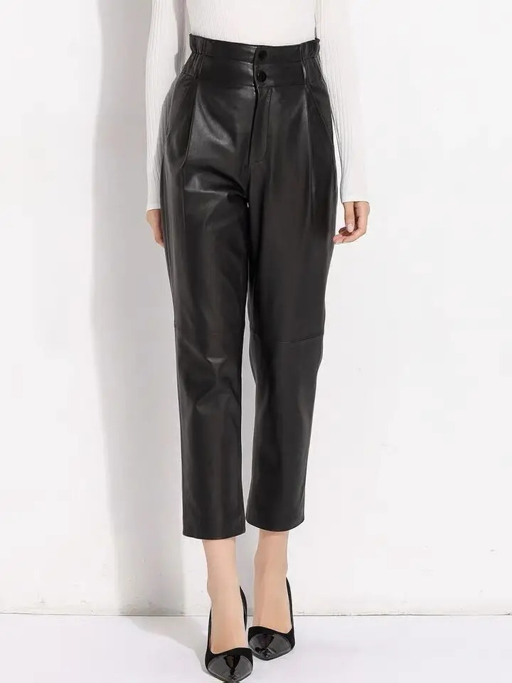 Genuine Leather Pants Women Winter 2026 New Fashion Elastic High Waist Pants Women Harem Pants Casual Trouser Female