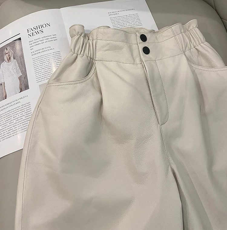 Genuine Leather Pants Women Winter 2026 New Fashion Elastic High Waist Pants Women Harem Pants Casual Trouser Female