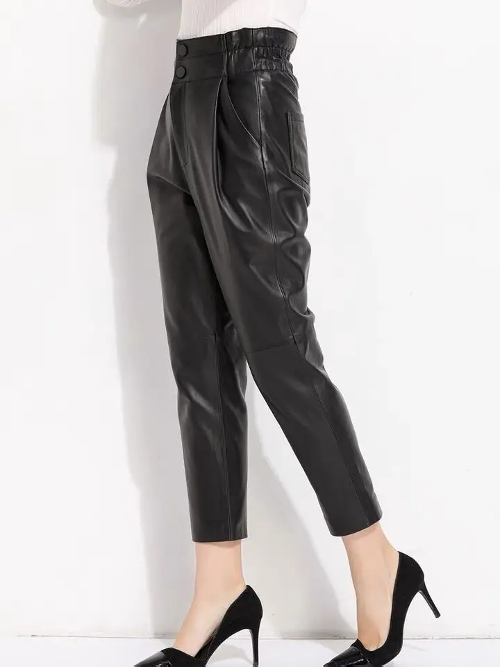 Genuine Leather Pants Women Winter 2026 New Fashion Elastic High Waist Pants Women Harem Pants Casual Trouser Female