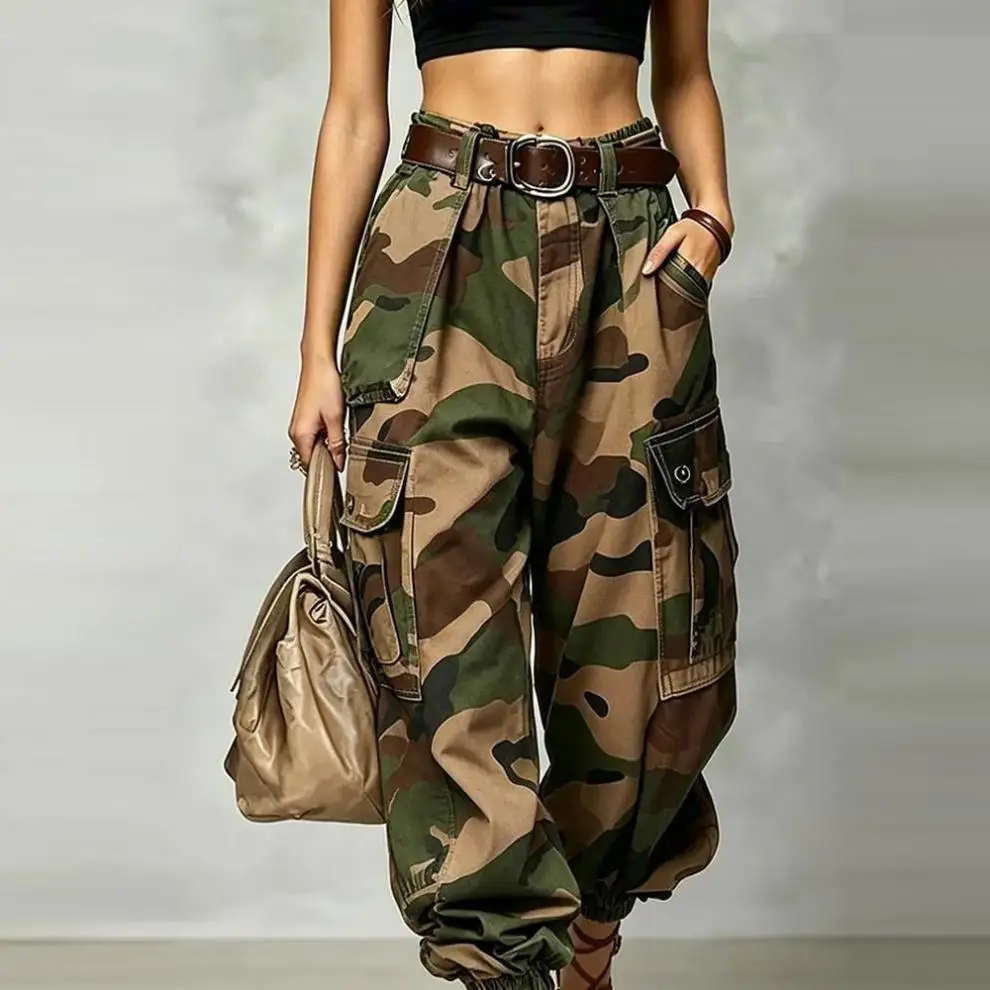 Casual Camouflage Work Pants Loose Wide Leg Street Style High Waist Zipper Cotton Printed Trousers for Women Summer Collection