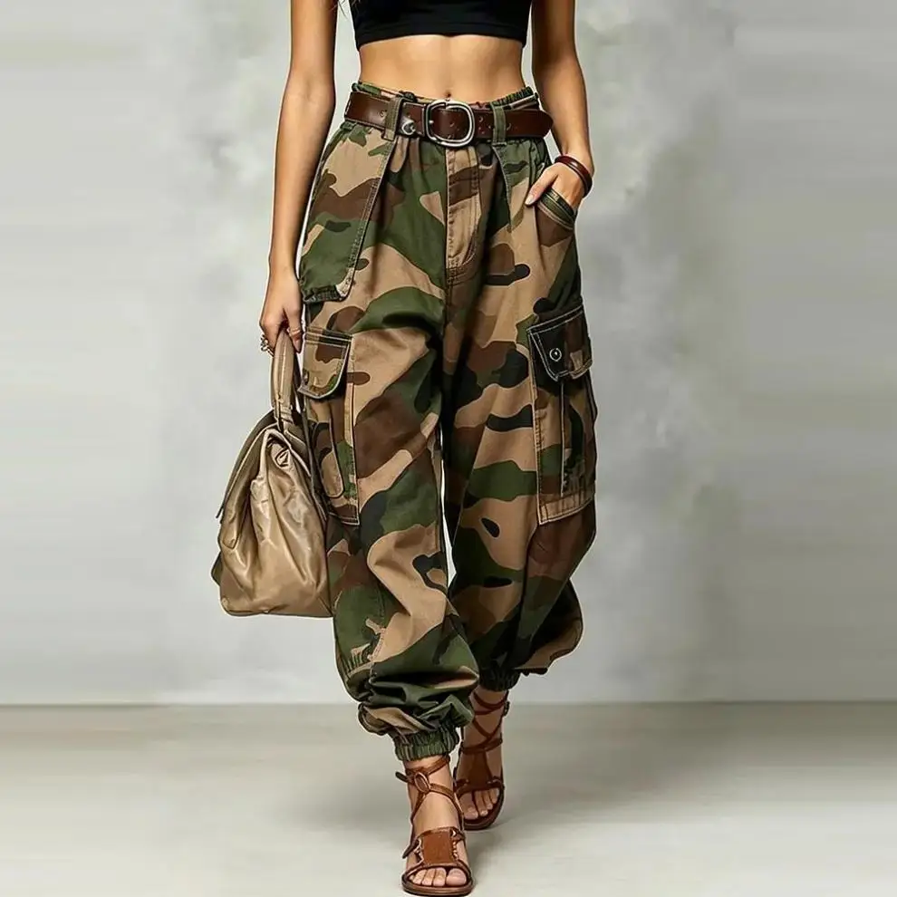 Casual Camouflage Work Pants Loose Wide Leg Street Style High Waist Zipper Cotton Printed Trousers for Women Summer Collection
