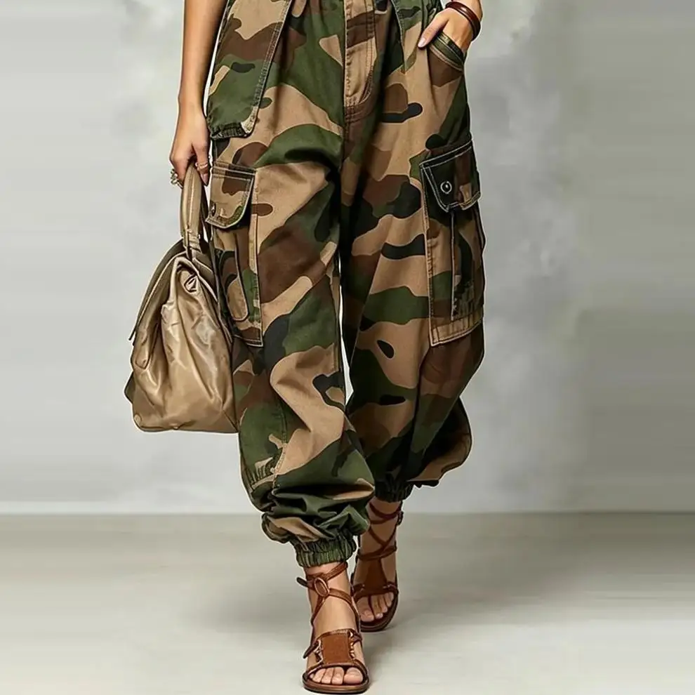 Casual Camouflage Work Pants Loose Wide Leg Street Style High Waist Zipper Cotton Printed Trousers for Women Summer Collection