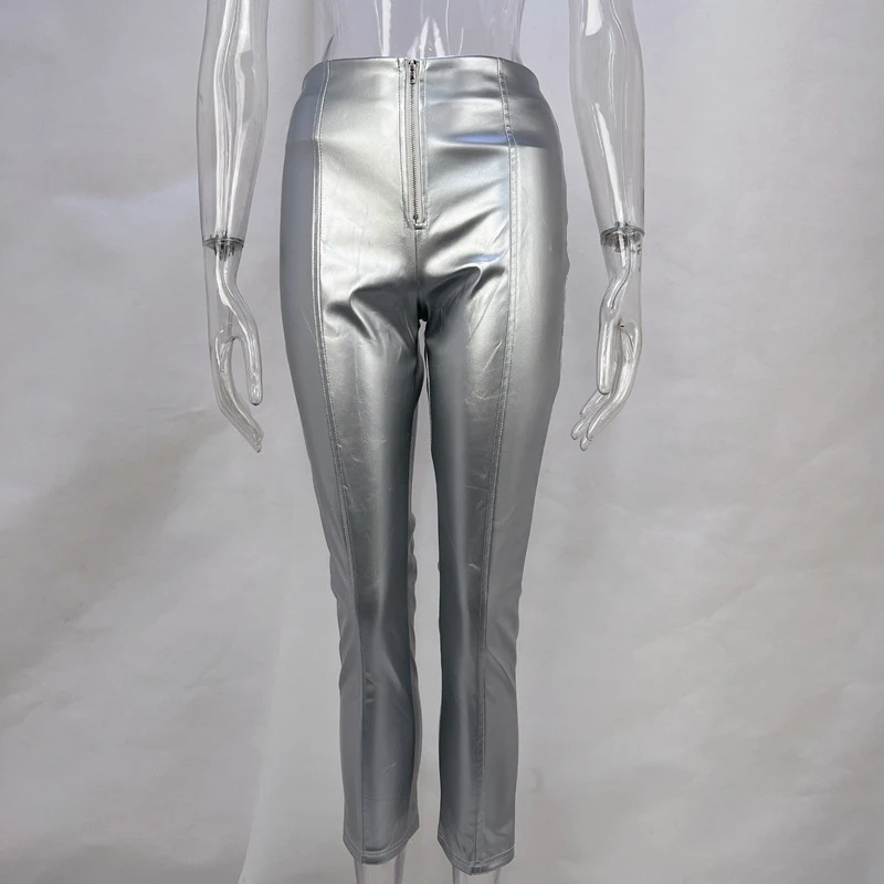 2024 Fashion Metallic Silver PU Leather Bodycon Pencil Pants Hipster Zip-up High Waist Stretchy Female Trousers Nightclub Street