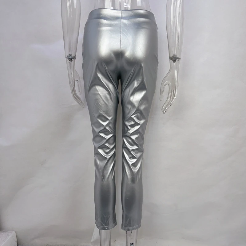 2024 Fashion Metallic Silver PU Leather Bodycon Pencil Pants Hipster Zip-up High Waist Stretchy Female Trousers Nightclub Street