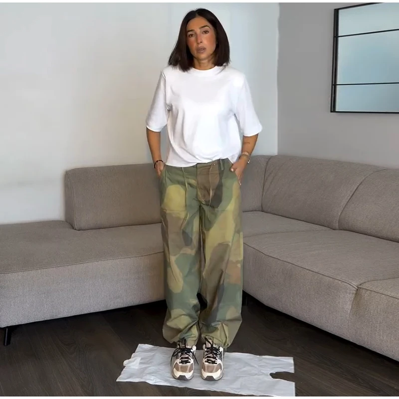 Women Camouflage Cargo Long Pants High Waist Wide Leg Drawstring Hem Baggy Trousers 2026 Autumn Casual Chic Vintage Streetwear