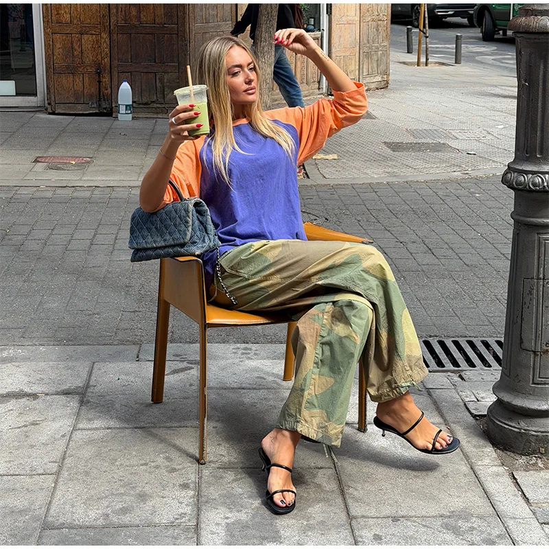 Women Camouflage Cargo Long Pants High Waist Wide Leg Drawstring Hem Baggy Trousers 2026 Autumn Casual Chic Vintage Streetwear