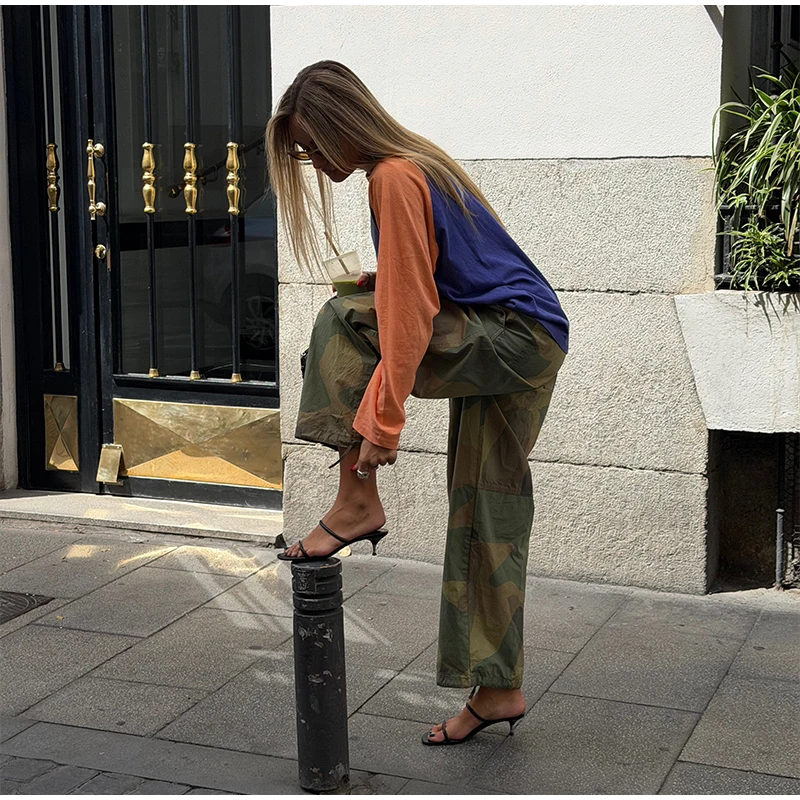 Women Camouflage Cargo Long Pants High Waist Wide Leg Drawstring Hem Baggy Trousers 2026 Autumn Casual Chic Vintage Streetwear