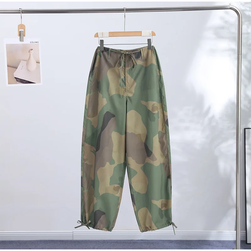 Women Camouflage Cargo Long Pants High Waist Wide Leg Drawstring Hem Baggy Trousers 2026 Autumn Casual Chic Vintage Streetwear