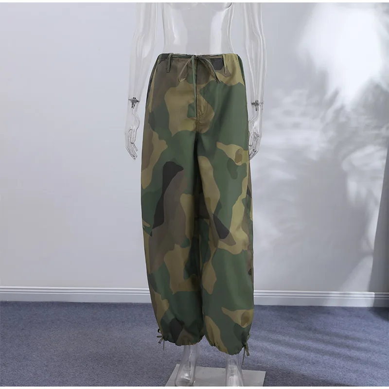 Women Camouflage Cargo Long Pants High Waist Wide Leg Drawstring Hem Baggy Trousers 2026 Autumn Casual Chic Vintage Streetwear