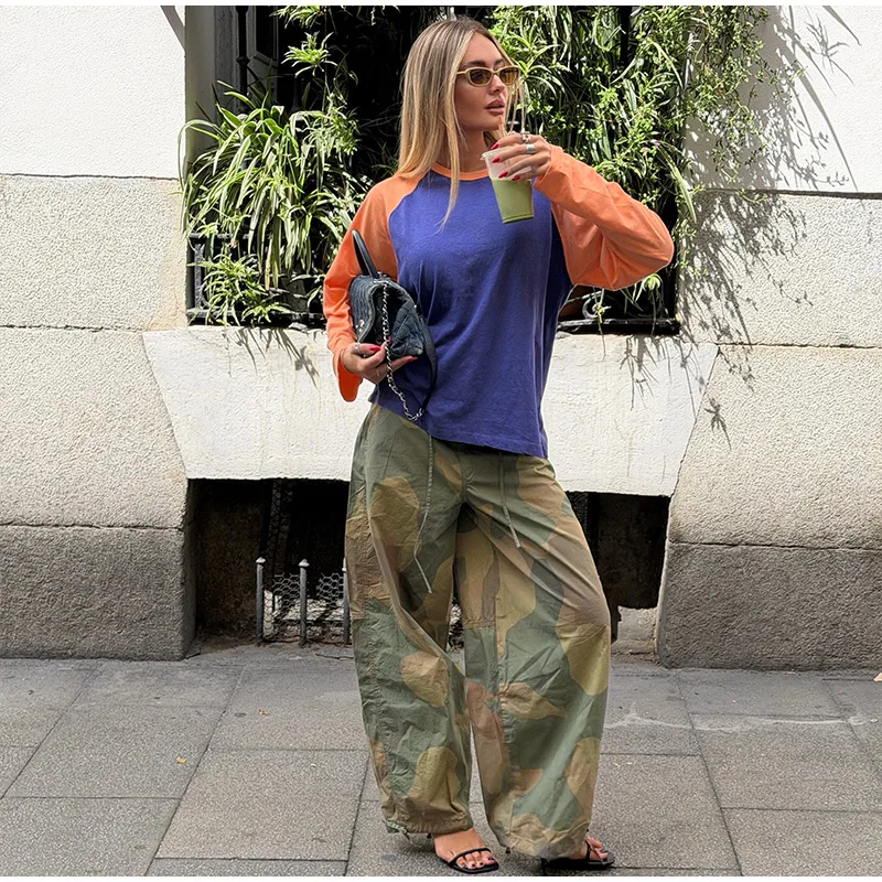 Women Camouflage Cargo Long Pants High Waist Wide Leg Drawstring Hem Baggy Trousers 2026 Autumn Casual Chic Vintage Streetwear