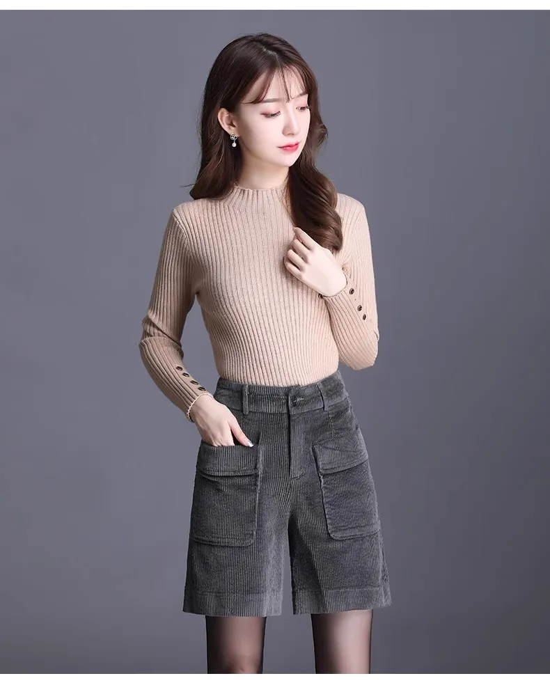 Corduroy Bermuda Shorts For Women Autumn New Korean High Waist Slim Loose Five-Point Casual Shorts Wide Leg Short Pants