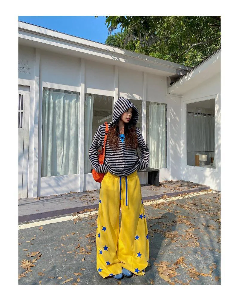 American Vintage Stars Sweatpants Women Oversize High Waist Y2K Yellow Pants Fall Winter Streetwear Female Retro Loose Trousers