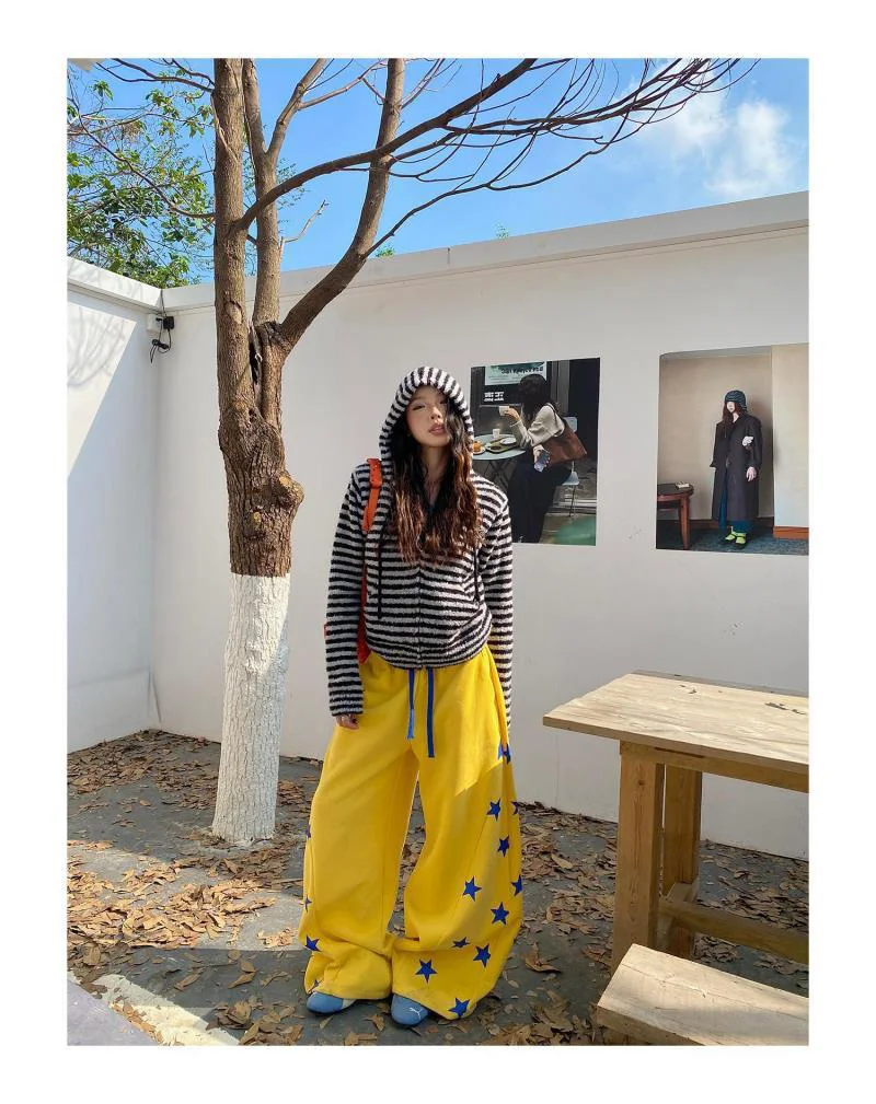 American Vintage Stars Sweatpants Women Oversize High Waist Y2K Yellow Pants Fall Winter Streetwear Female Retro Loose Trousers