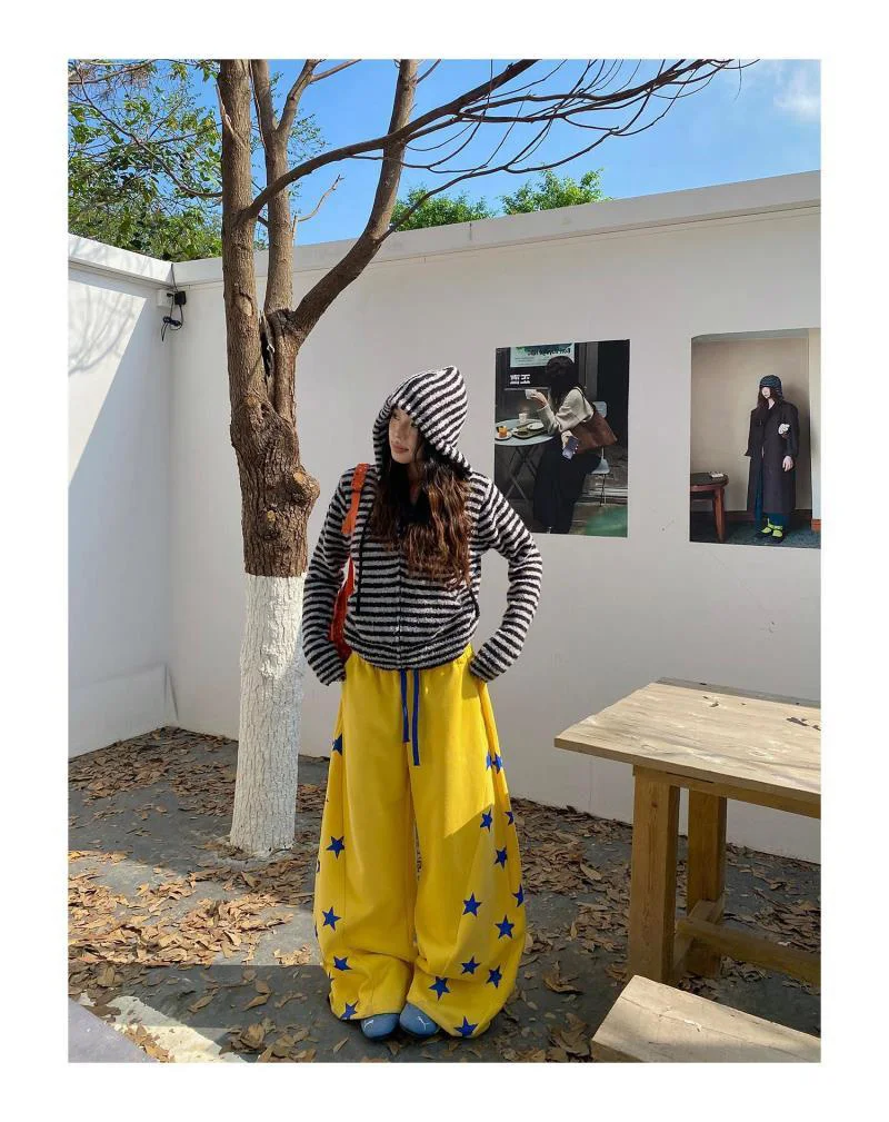 American Vintage Stars Sweatpants Women Oversize High Waist Y2K Yellow Pants Fall Winter Streetwear Female Retro Loose Trousers