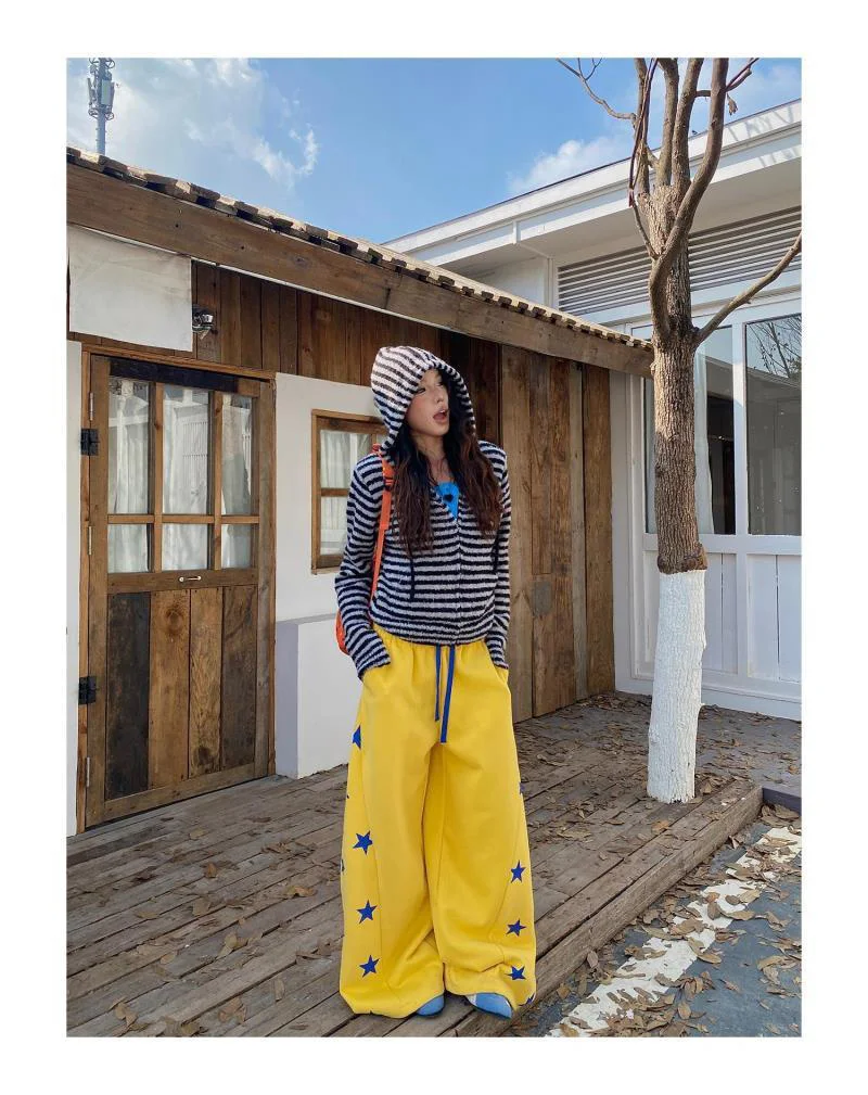 American Vintage Stars Sweatpants Women Oversize High Waist Y2K Yellow Pants Fall Winter Streetwear Female Retro Loose Trousers