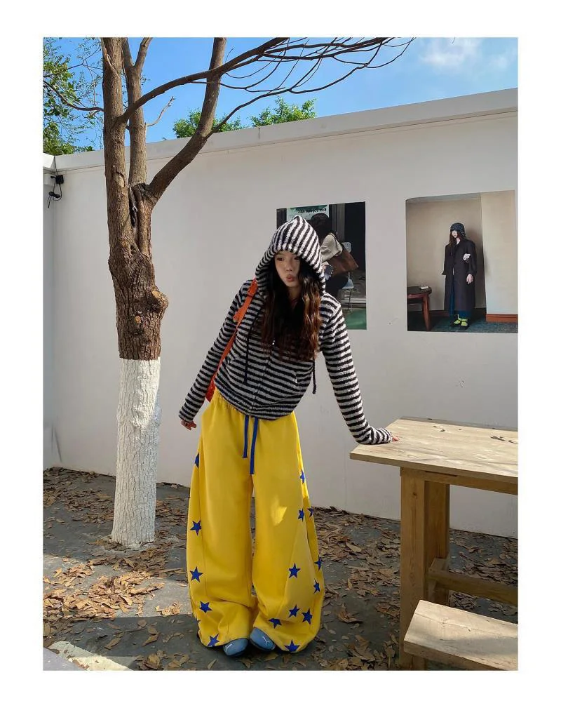 American Vintage Stars Sweatpants Women Oversize High Waist Y2K Yellow Pants Fall Winter Streetwear Female Retro Loose Trousers