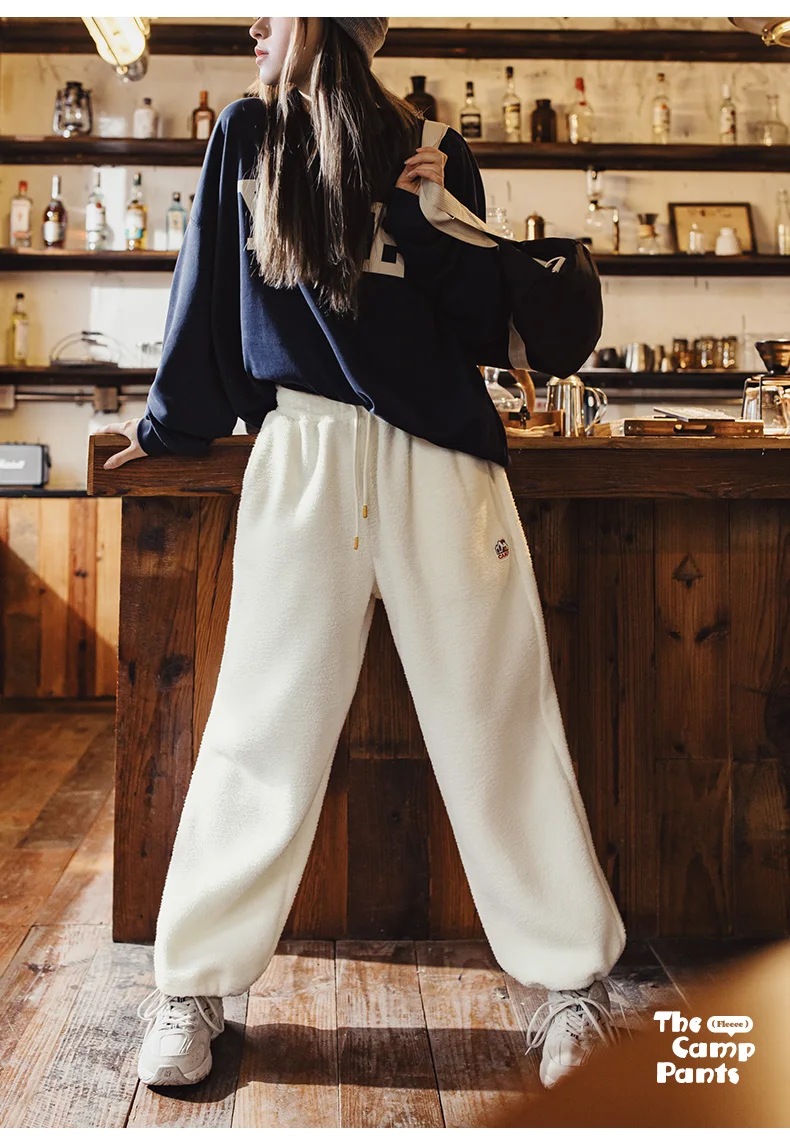 Maden Women's Autumn Winter Casual Pants With Plush Insulation And Fleece Sports Pants Knitted Straight Leg Pants