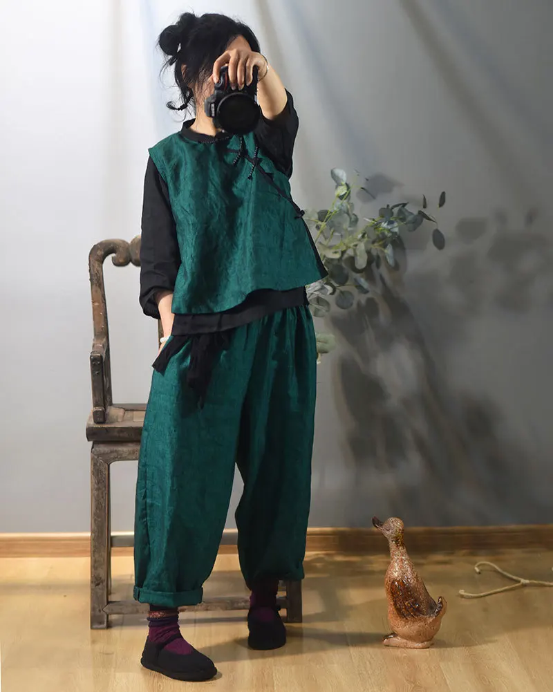 Johnature 2025 Autumn New Belt Wide Leg Pants For Women Solid Color Elastic Waist Trouser Loose Vintage Casual Female Pants