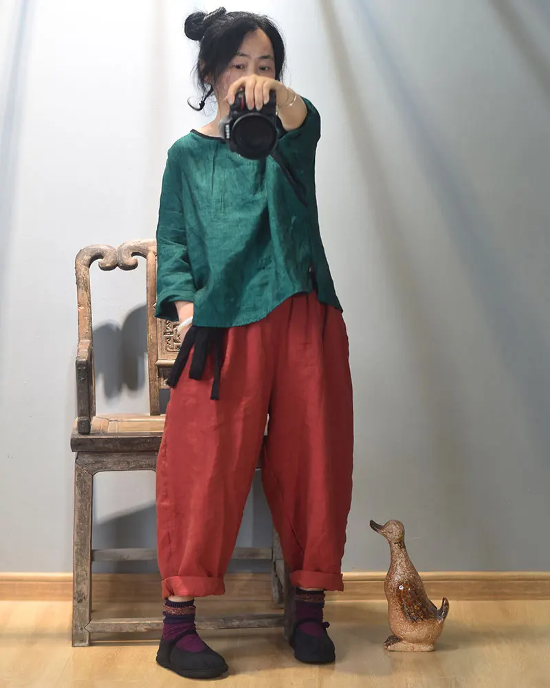 Johnature 2025 Autumn New Belt Wide Leg Pants For Women Solid Color Elastic Waist Trouser Loose Vintage Casual Female Pants