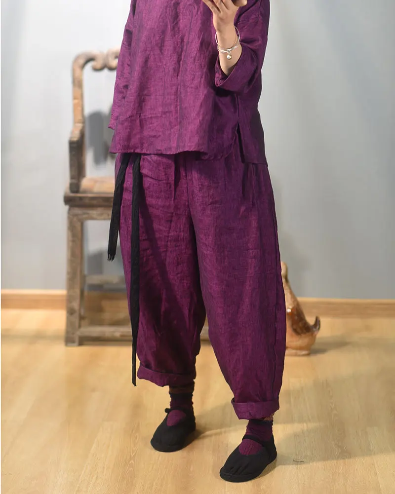 Johnature 2025 Autumn New Belt Wide Leg Pants For Women Solid Color Elastic Waist Trouser Loose Vintage Casual Female Pants