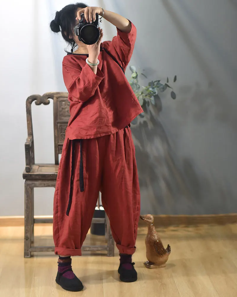 Johnature 2025 Autumn New Belt Wide Leg Pants For Women Solid Color Elastic Waist Trouser Loose Vintage Casual Female Pants