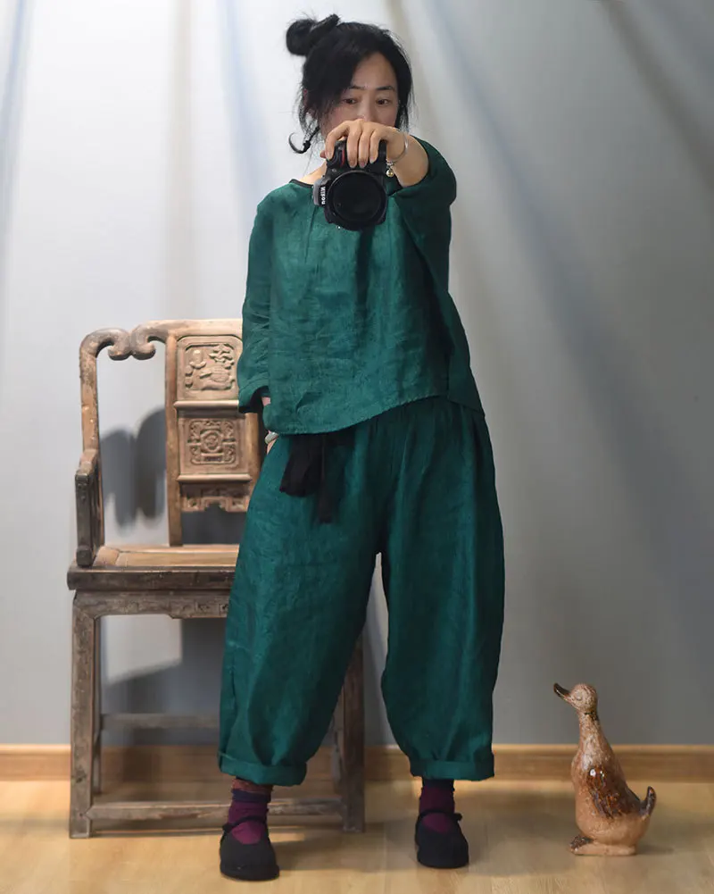 Johnature 2025 Autumn New Belt Wide Leg Pants For Women Solid Color Elastic Waist Trouser Loose Vintage Casual Female Pants