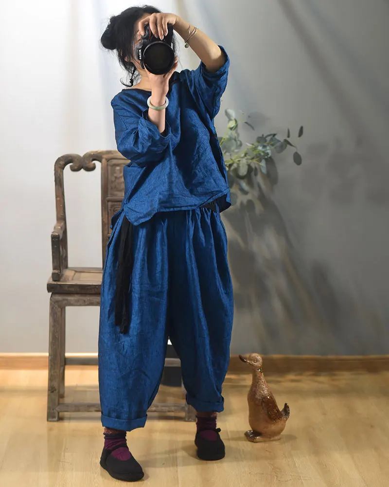 Johnature 2025 Autumn New Belt Wide Leg Pants For Women Solid Color Elastic Waist Trouser Loose Vintage Casual Female Pants