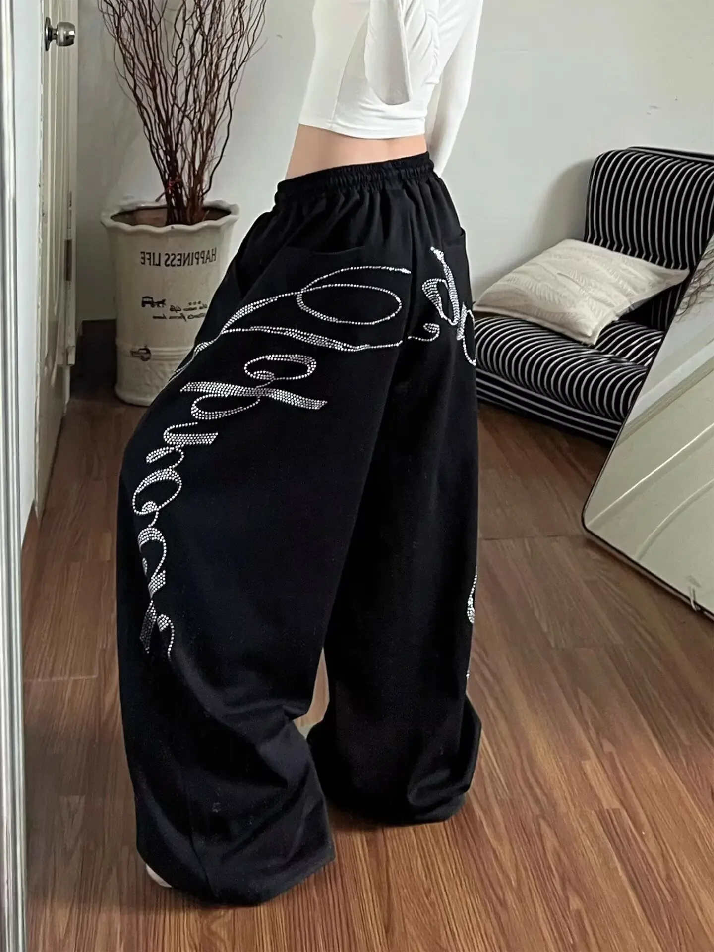 Summer Women Black Gothic Baggy Y2k Letter Pants Korean Fashion Vintage Oversize Hip-pop Sweatpants Wide Leg Trouser