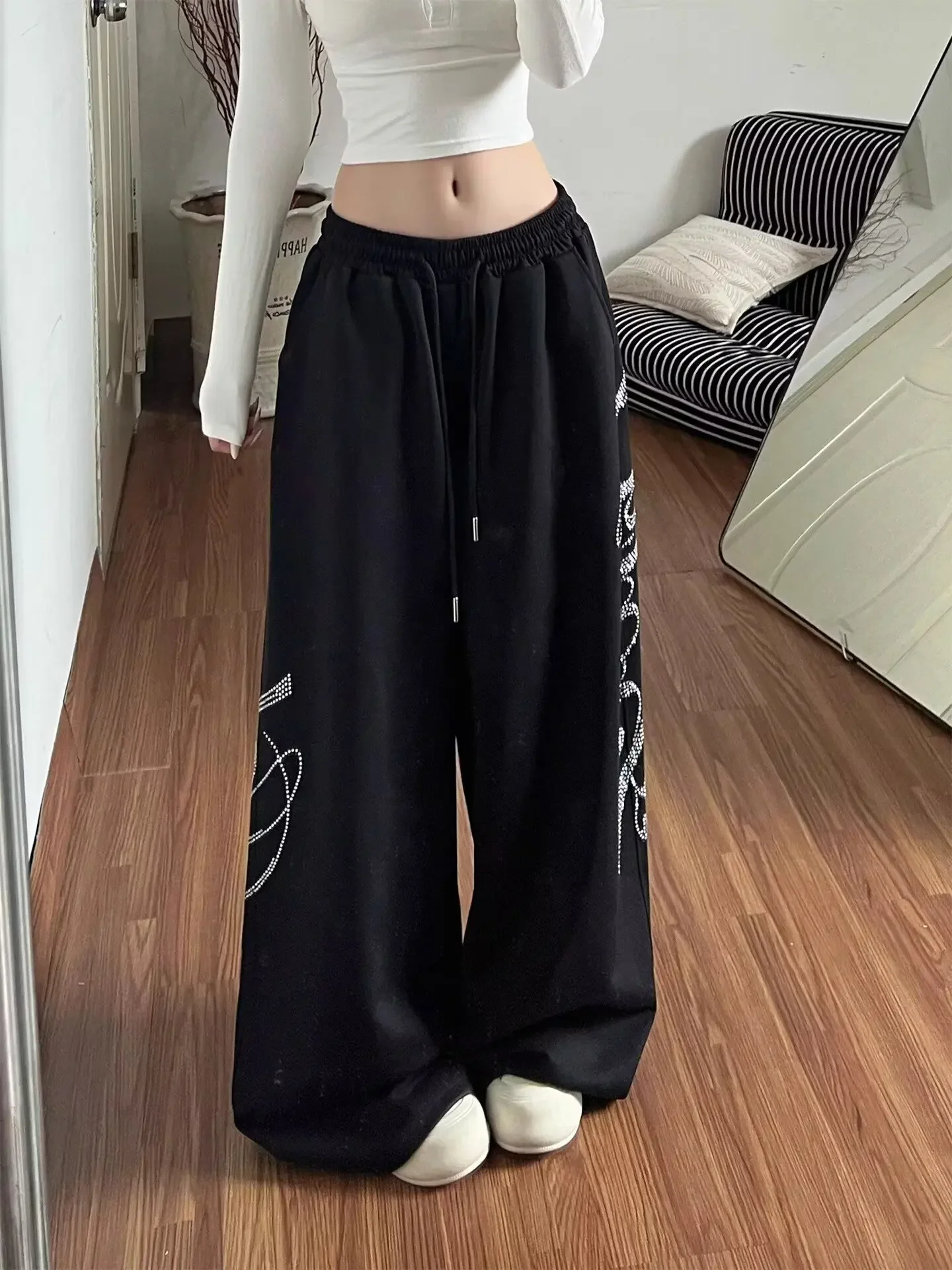 Summer Women Black Gothic Baggy Y2k Letter Pants Korean Fashion Vintage Oversize Hip-pop Sweatpants Wide Leg Trouser