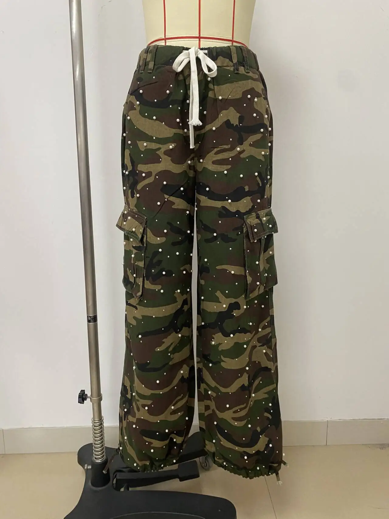 Cargo Pants Women Pant Straight Trousers Elastic Waist Pearls Y2k Streetwear Work Casual Loose Pocket Drawstring Camouflage 2026