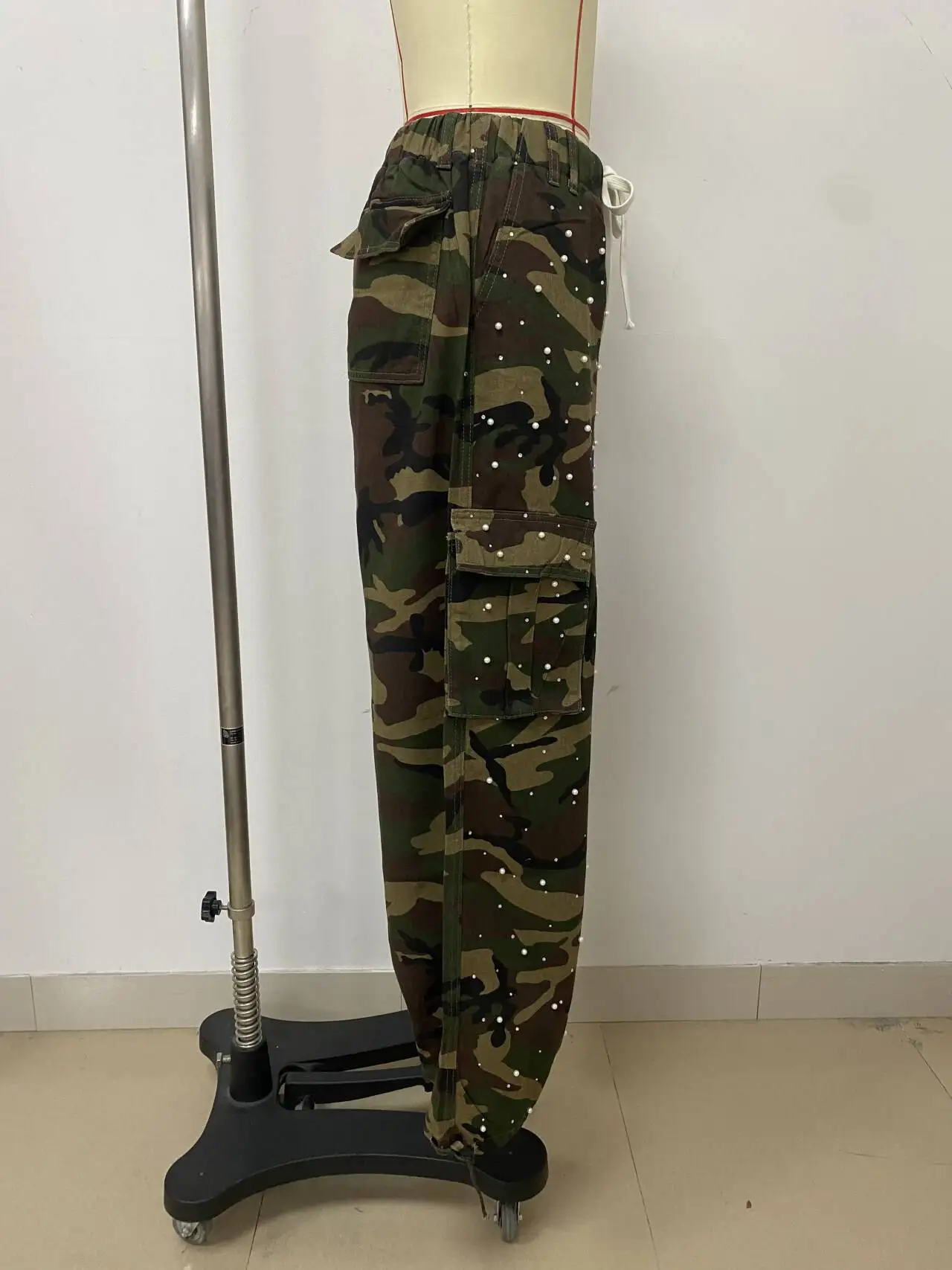 Cargo Pants Women Pant Straight Trousers Elastic Waist Pearls Y2k Streetwear Work Casual Loose Pocket Drawstring Camouflage 2026
