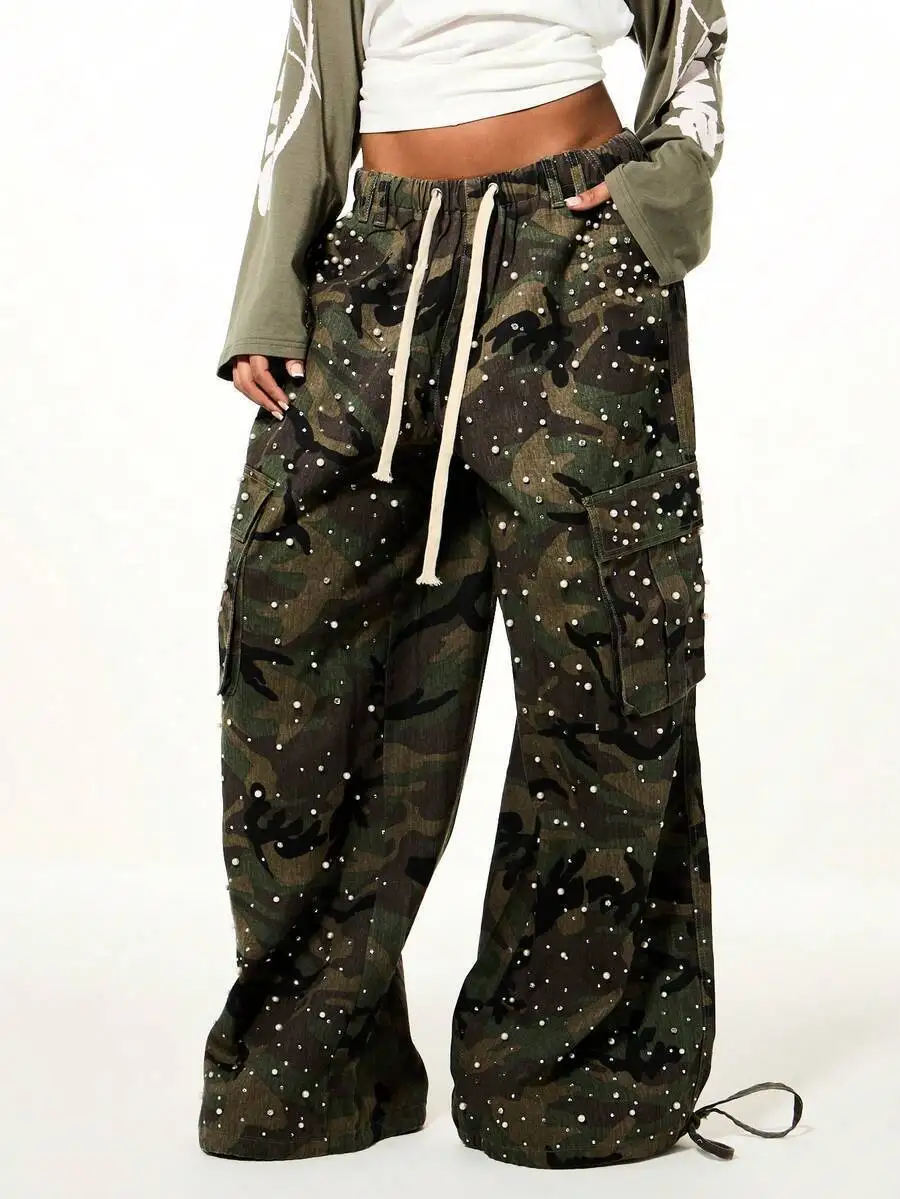Cargo Pants Women Pant Straight Trousers Elastic Waist Pearls Y2k Streetwear Work Casual Loose Pocket Drawstring Camouflage 2026
