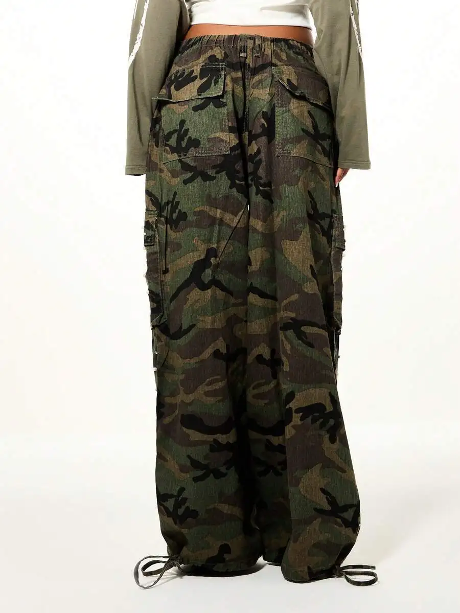 Cargo Pants Women Pant Straight Trousers Elastic Waist Pearls Y2k Streetwear Work Casual Loose Pocket Drawstring Camouflage 2026