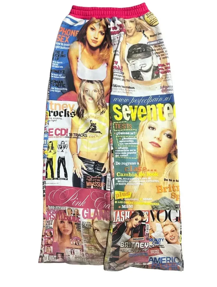 2026 Y2K Millennium Hot Girl Mission Newspaper Print Wide-Leg Pants American Classic Vintage Retro Straight-Leg Casual Pants