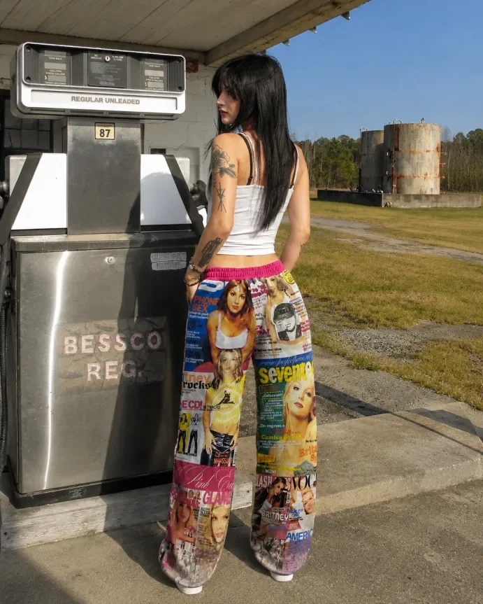 2026 Y2K Millennium Hot Girl Mission Newspaper Print Wide-Leg Pants American Classic Vintage Retro Straight-Leg Casual Pants