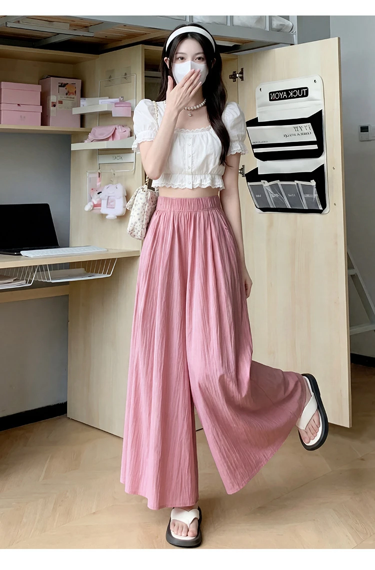 Summer Women Wide Leg Pants Ice Silk Breathable Long Skirt Pants Elastic Waist Casual Culottes Loose Solid Palazzo Trousers 2026