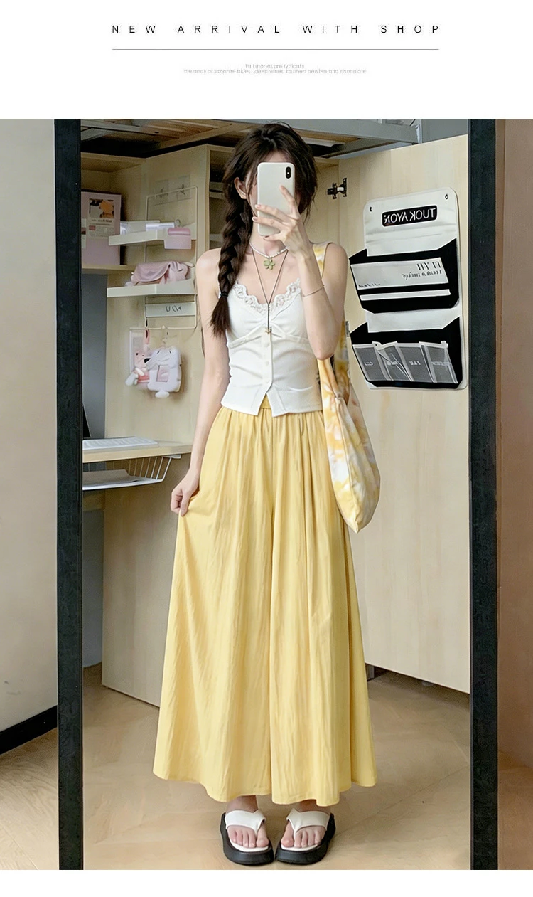 Summer Women Wide Leg Pants Ice Silk Breathable Long Skirt Pants Elastic Waist Casual Culottes Loose Solid Palazzo Trousers 2026