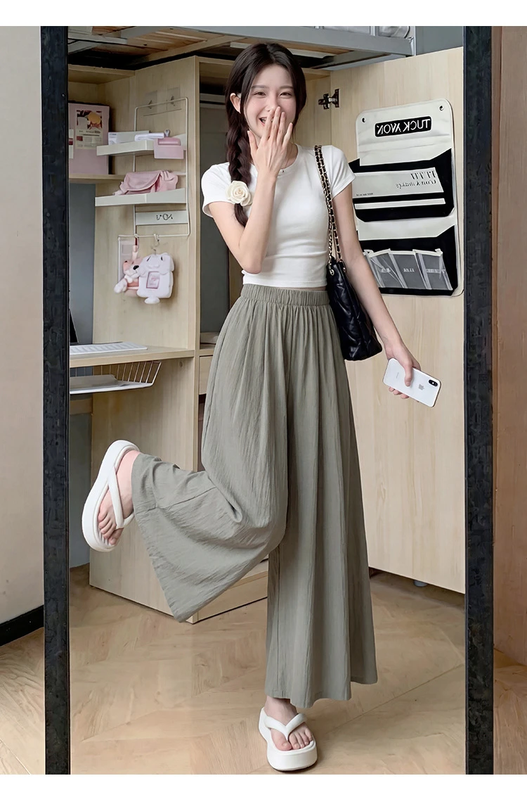 Summer Women Wide Leg Pants Ice Silk Breathable Long Skirt Pants Elastic Waist Casual Culottes Loose Solid Palazzo Trousers 2026