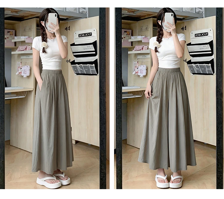 Summer Women Wide Leg Pants Ice Silk Breathable Long Skirt Pants Elastic Waist Casual Culottes Loose Solid Palazzo Trousers 2026