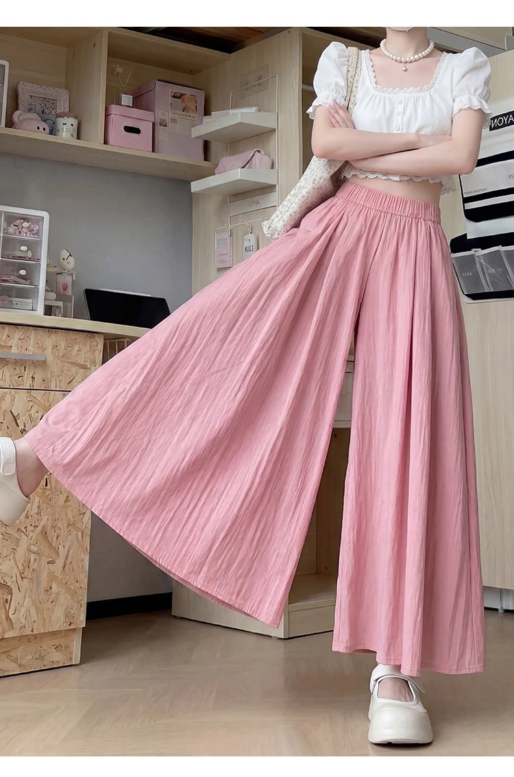 Summer Women Wide Leg Pants Ice Silk Breathable Long Skirt Pants Elastic Waist Casual Culottes Loose Solid Palazzo Trousers 2026