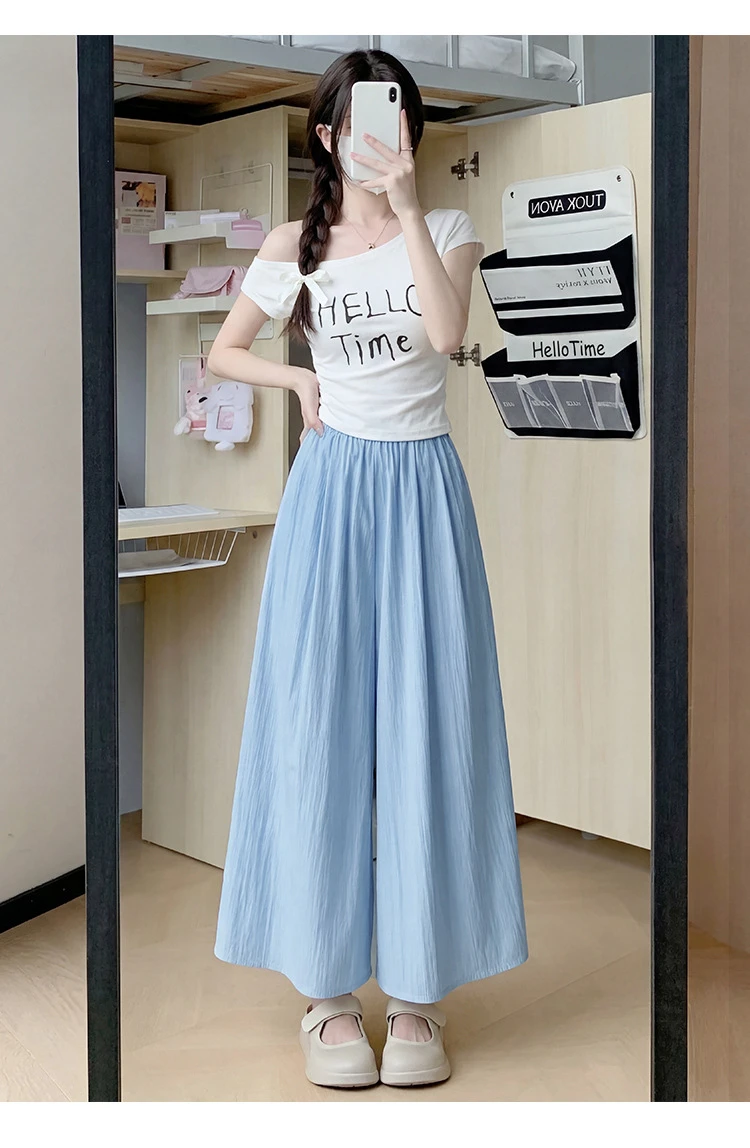 Summer Women Wide Leg Pants Ice Silk Breathable Long Skirt Pants Elastic Waist Casual Culottes Loose Solid Palazzo Trousers 2026