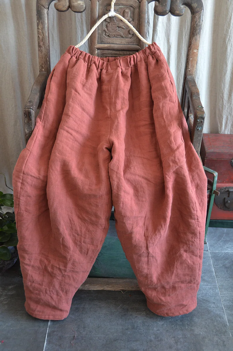 Johnature Women Winter Wide Leg Pants Cotton Linen Warm Trouser Solid Color Elastic Waist 2025 New Pockets Vintage Female Pants