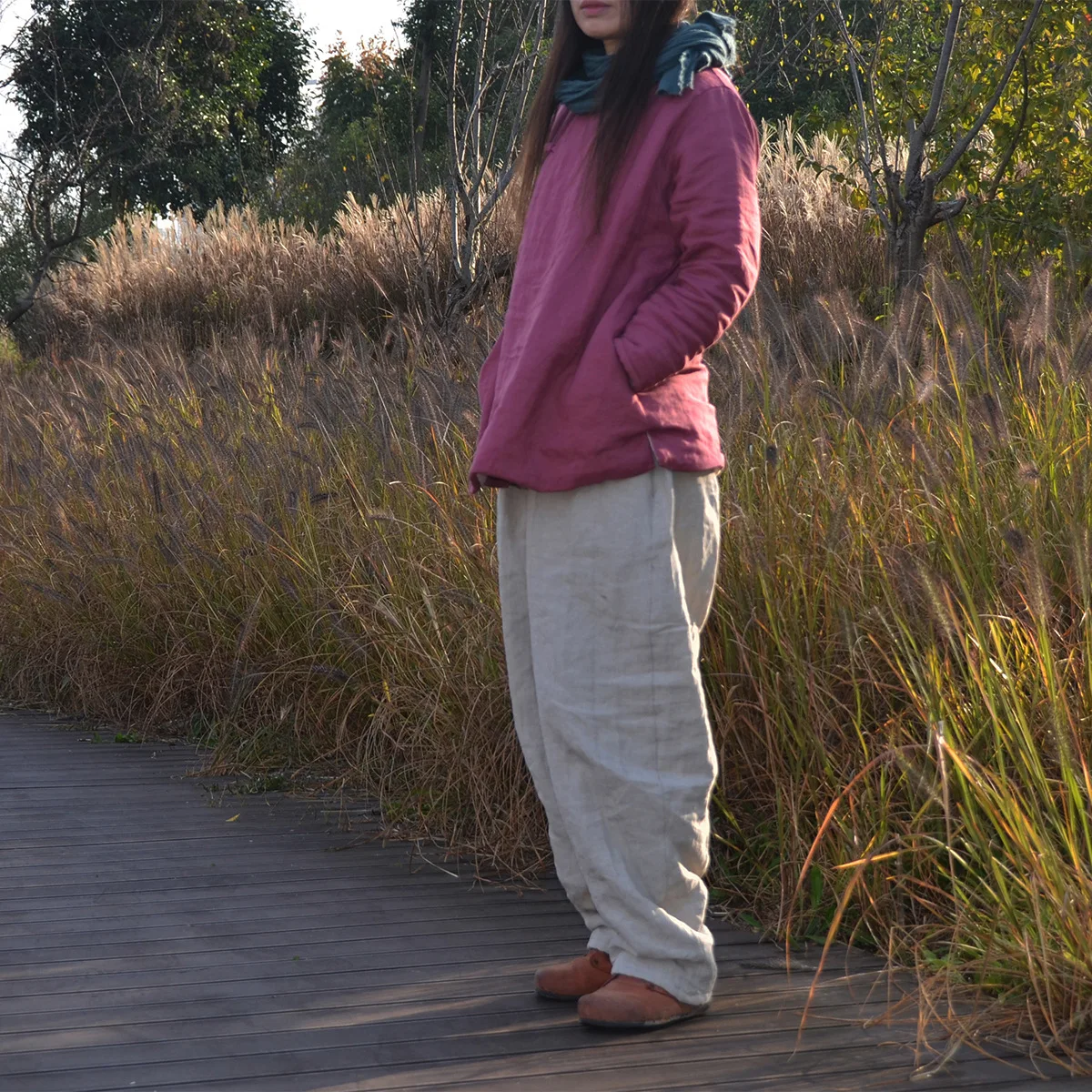 Johnature Women Winter Wide Leg Pants Cotton Linen Warm Trouser Solid Color Elastic Waist 2025 New Pockets Vintage Female Pants