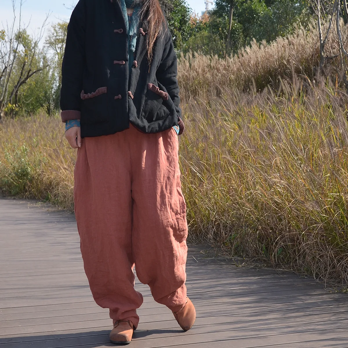 Johnature Women Winter Wide Leg Pants Cotton Linen Warm Trouser Solid Color Elastic Waist 2025 New Pockets Vintage Female Pants