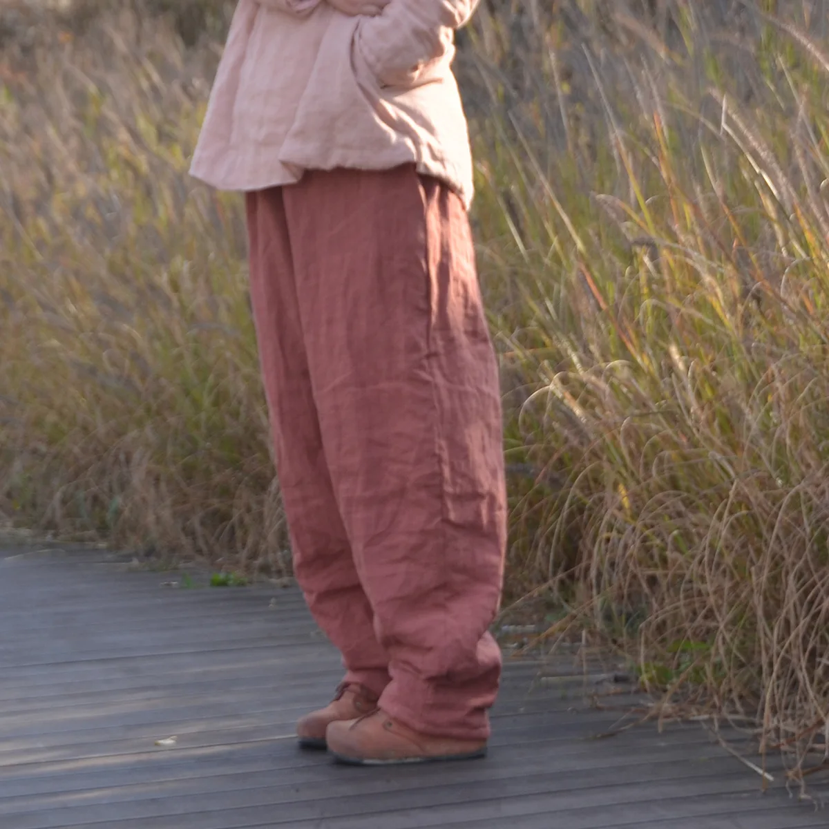 Johnature Women Winter Wide Leg Pants Cotton Linen Warm Trouser Solid Color Elastic Waist 2025 New Pockets Vintage Female Pants