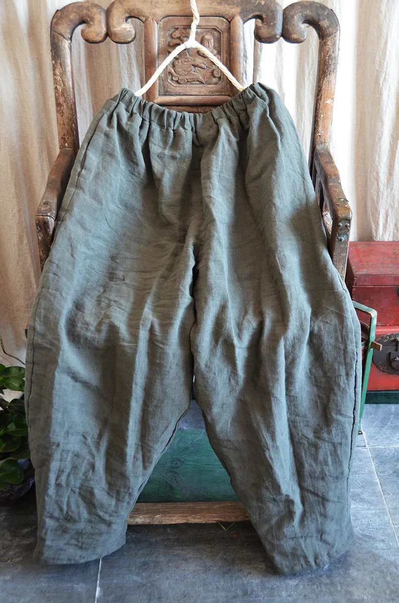 Johnature Women Winter Wide Leg Pants Cotton Linen Warm Trouser Solid Color Elastic Waist 2025 New Pockets Vintage Female Pants