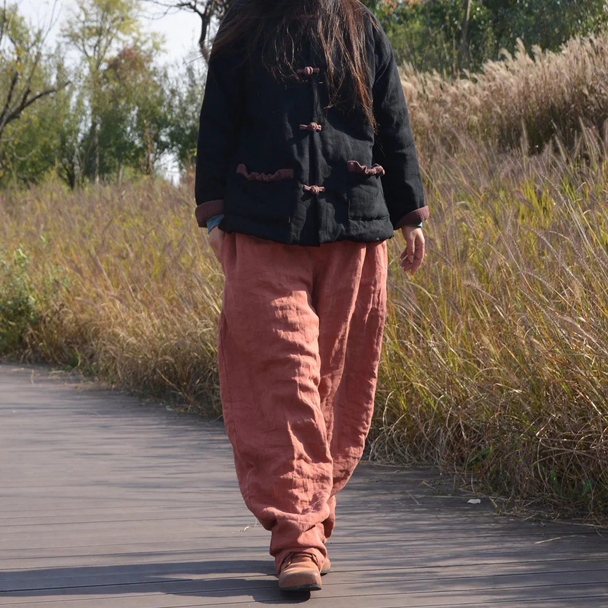 Johnature Women Winter Wide Leg Pants Cotton Linen Warm Trouser Solid Color Elastic Waist 2025 New Pockets Vintage Female Pants