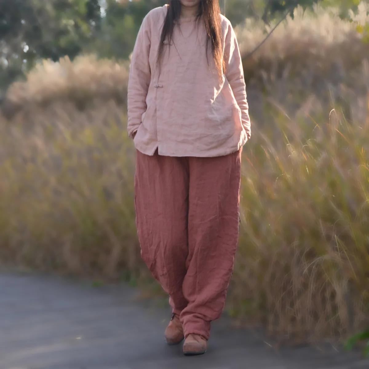 Johnature Women Winter Wide Leg Pants Cotton Linen Warm Trouser Solid Color Elastic Waist 2025 New Pockets Vintage Female Pants