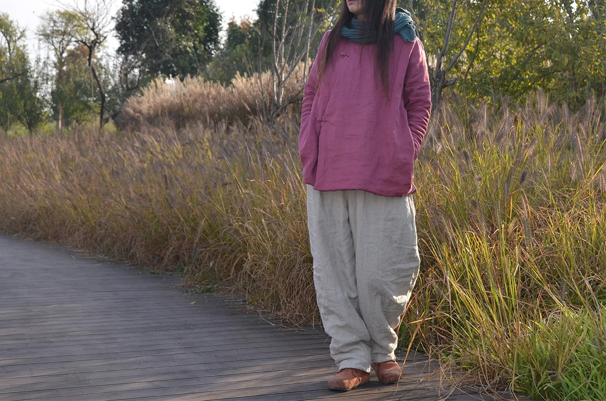 Johnature Women Winter Wide Leg Pants Cotton Linen Warm Trouser Solid Color Elastic Waist 2025 New Pockets Vintage Female Pants