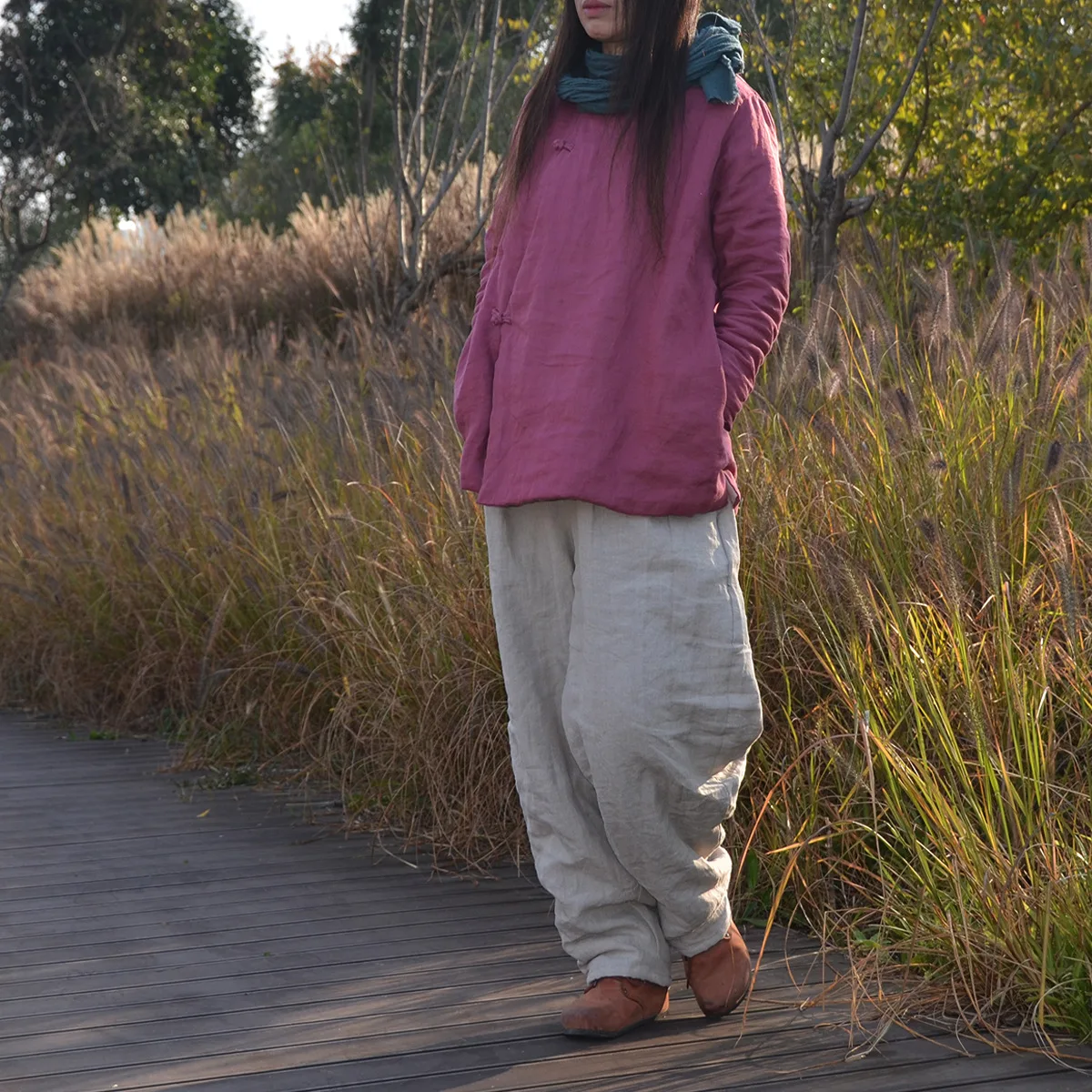 Johnature Women Winter Wide Leg Pants Cotton Linen Warm Trouser Solid Color Elastic Waist 2025 New Pockets Vintage Female Pants